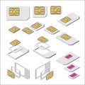 Three Types of SIM Card - Standard, Micro and Nano. Top and Isometric Views