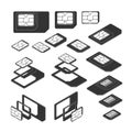 Three Types of SIM Card - Standard, Micro and Nano. Top and Isometric Views