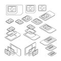 Three Types of SIM Card - Standard, Micro and Nano. Top and Isometric Views