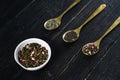 Three types of tea in spoons - green, black and Rooibos Royalty Free Stock Photo