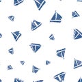 Three types of vector hand-drawn navy blue sailing boats with watercolor texture marine themed design. Seamless pattern