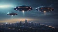 Three UFOs with lights in the night sky flying over a city Royalty Free Stock Photo