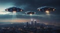 Three UFOs with lights in the night sky flying over a city Royalty Free Stock Photo