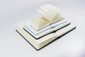 Three unfold notebooks lie on top of each other and fan open small notepad with blank light beige pages. White back