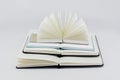 Three unfold notebooks lie on top of each other and fan open small notepad with blank light beige pages. White back