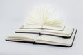 Three unfold notebooks lie on top of each other. Small fan open notepad with blank light beige pages. Pyramid of books. White back
