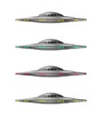 Four unidentified flying object different colors. Set UFO spacecraft. Alien spaceships.