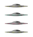 Four unidentified flying object different colors. Set UFO spacecraft. Alien spaceships. Royalty Free Stock Photo
