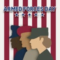 Three uniformed soldiers on striped background. Armed forces day card Royalty Free Stock Photo