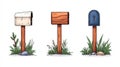 Three Unique Mailboxes on Wooden Posts Surrounded by Greenery and Stones in a Cartoon Style Royalty Free Stock Photo