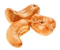 Three unshelled roasted cashew nut, isolated