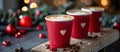 Three Valentine Coffee Cups With Heart Decor