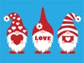 Three Valentine gnomes hold different things in their hands: love letter, and heart. Vector illustration on blue background