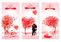 Three valentine`s day banners with pink trees and hearts.