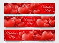 Three Valentines Day horizontal banners with red hearts, ribbons and colorful balls. Holiday card illustration on red