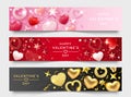 Three Valentines Day horizontal banners with shining hearts, ribbons, stars and colorful balls. Holiday card