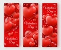 Three Valentines Day vertical banners with red hearts, ribbons and colorful balls. Holiday card illustration on red