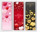 Three Valentines Day vertical banners with shining hearts, ribbons, stars and colorful balls. Holiday card illustration