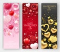 Three Valentines Day vertical banners with shining hearts, ribbons, stars and colorful balls. Holiday card illustration on light