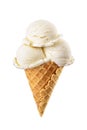 Three vanilla ice cream scoops served on a waffle cone isolated on white Royalty Free Stock Photo