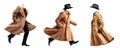 Three variations of a trench coat with a hat in motion, isolated on a transparent background. Dynamic poses capturing Royalty Free Stock Photo