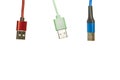 Three varicolored Universal Serial Bus cables on a white background