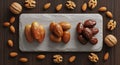 Selection of Premium Dates and Mixed Nuts on Dark Wood Royalty Free Stock Photo