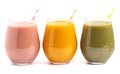 Three Varieties of Healthy Smoothies on a White Background Royalty Free Stock Photo