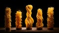 Three varieties of pasta - one slender, one robust, one twirled - perform an intricate gastronomic ballet