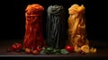 Three varieties of pasta - one slender, one robust, one twirled - perform an intricate gastronomic ballet