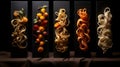 Three varieties of pasta - one slender, one robust, one twirled - perform an intricate gastronomic ballet