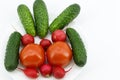 Three varieties of vegetables in a white round plate Royalty Free Stock Photo