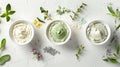 Three varieties of whipped body butters, enriched with natural herbs and botanicals, displayed amidst fresh greenery for a