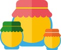 Three various cans fruits illustration or tasty jars. Vector isolated set and collection with label on flat design.