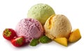 Three various ice cream balls - strawberry, mango and mint