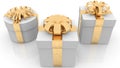 Three various gift boxes in white with golden bows