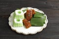 Three Various Jajan Pasar, Indonesian Traditional Snack for Tea Time, Kue Putu Ayu, Wajik, and Kuih Lapis Beras