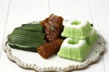 Three Various Jajan Pasar, Indonesian Traditional Snack for Tea Time, Kue Putu Ayu, Wajik, and Kuih Lapis Beras