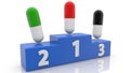 Three various pills on podium.Medicine concept