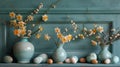 Three Vases With Flowers and Eggs on Shelf Royalty Free Stock Photo