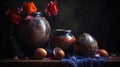 three vases with flowers and eggs in them on a table Royalty Free Stock Photo