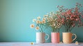 Three vases with flowers in them on a table against the wall, AI Royalty Free Stock Photo
