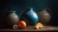 three vases and an orange sit on a wooden table Royalty Free Stock Photo
