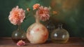 three vases with pink flowers in them on a table Royalty Free Stock Photo
