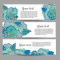 Three vector banners with beautiful monochrome floral pattern in doodle style.