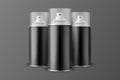 Three Vector 3d Realistic Black Aluminum Blank Spray Can, Bottle, Transparent Lid Isolated. Small, Medium, Big Size