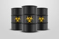 Three Vector 3d Realistic Black Simple Glossy Enamel Metal Oil, Fuel, Gasoline Barrels with Yellow Biohazard Sign