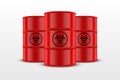 Three Vector 3d Realistic Red Simple Glossy Enamel Metal Oil, Fuel, Gasoline Barrels with Black Biohazard Sign Isolated