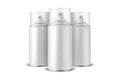 Three Vector 3d Realistic White Aluminum Blank Spray Can, Bottle, Transparent Lid Isolated. Small, Medium, Big Size