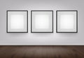 Three Vector Empty White Mock Up Posters Pictures Black Frames on Wall with Brown Wooden Floor Front View Royalty Free Stock Photo